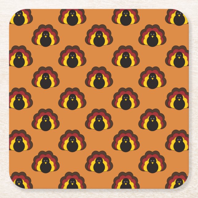 Cute Thanksgiving Fall Holiday Turkey Pattern Square Paper Coaster (Front)