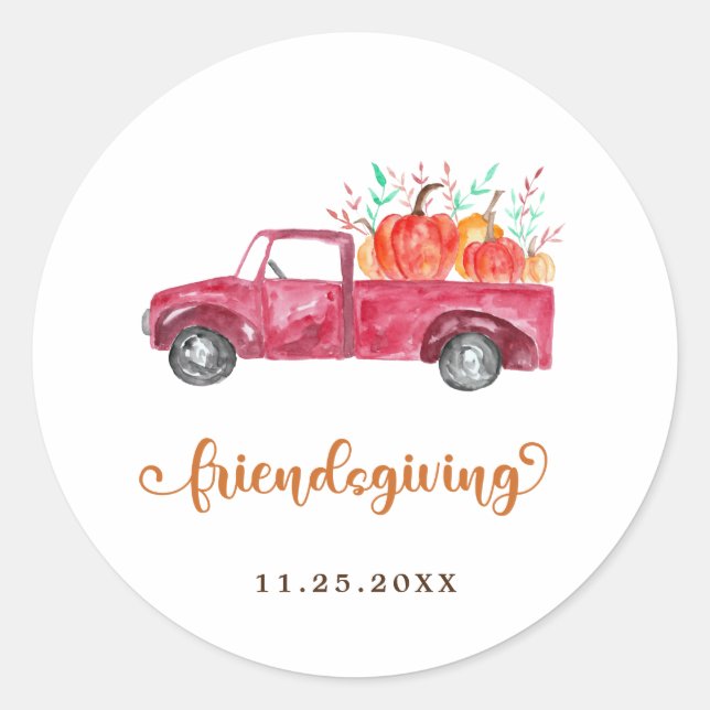 Cute Thanksgiving Friendsgiving Red Truck Pumpkins Classic Round Sticker (Front)