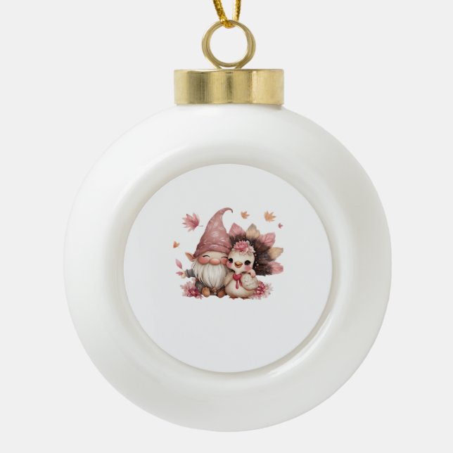 Cute Thanksgiving Gnome with Turkey Illustration C Ceramic Ball Christmas Ornament (Front)