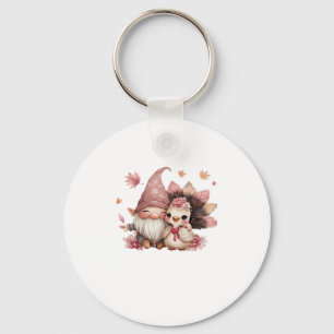 Cute Thanksgiving Gnome with Turkey Illustration C Key Ring