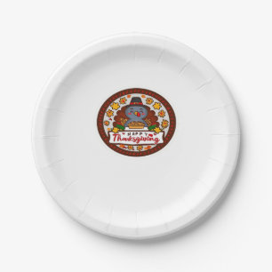 Cute Thanksgiving Gnome with Turkey Illustration C Paper Plate