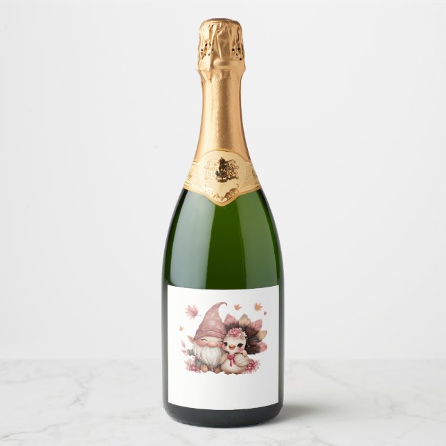 Cute Thanksgiving Gnome with Turkey Illustration C Sparkling Wine Label (Front)
