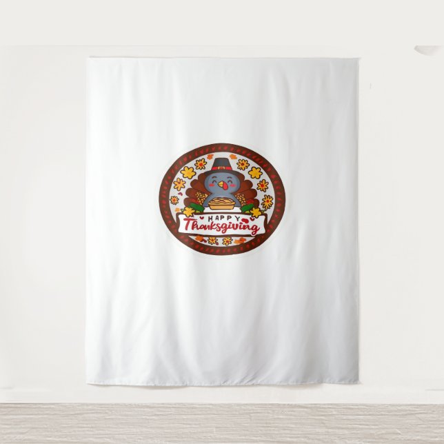 Cute Thanksgiving Gnome with Turkey Illustration C Tapestry (Front)