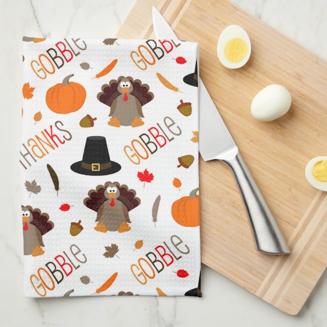 Cute Thanksgiving Pattern Gobble Give Thanks Tea Towel (Quarter Fold)