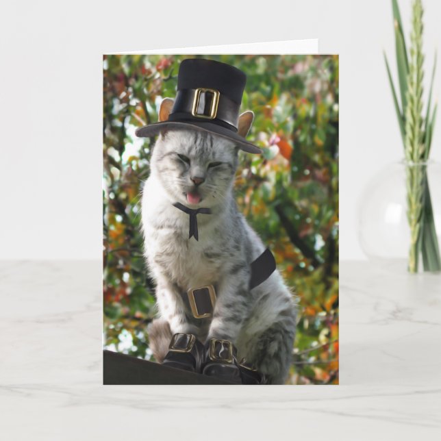 Cute Thanksgiving Pilgrim Cat Holiday Card (Front)