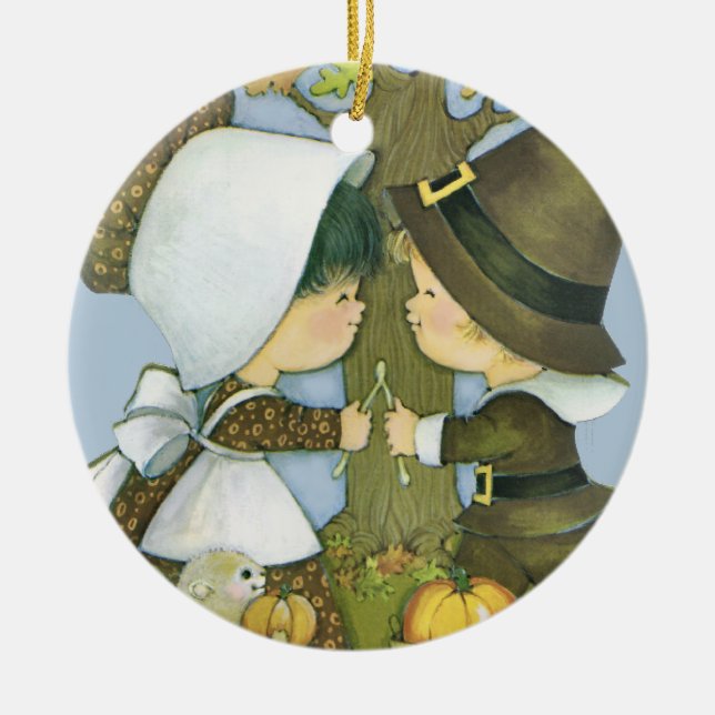 Cute Thanksgiving Pilgrim Wishes Ceramic Ornament (Front)