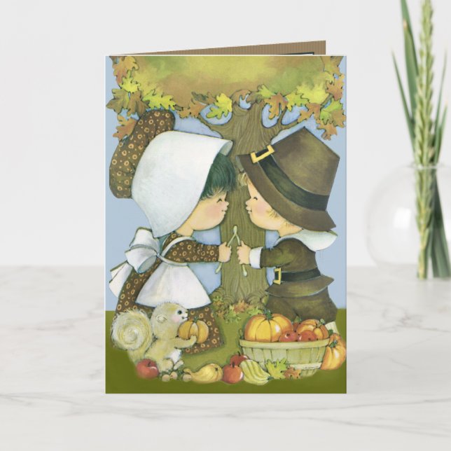 Cute Thanksgiving Pilgrim Wishes Holiday Card (Front)