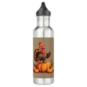 Cute Thanksgiving Turkey Autumn Pumpkins Scene 710 Ml Water Bottle