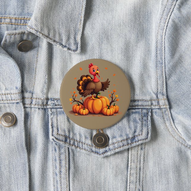 Cute Thanksgiving Turkey Autumn Pumpkins Scene 7.5 Cm Round Badge (In Situ)