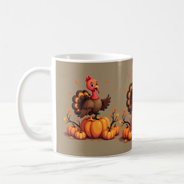 Cute Thanksgiving Turkey Autumn Pumpkins Scene Coffee Mug (Left)