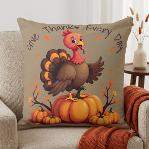 Cute Thanksgiving Turkey Autumn Pumpkins Scene Cushion