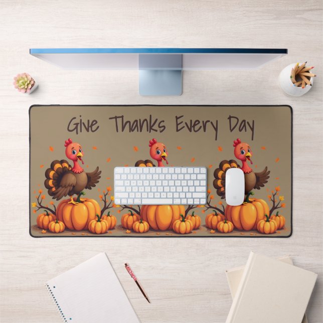 Cute Thanksgiving Turkey Autumn Pumpkins Scene Desk Mat (Office 1)