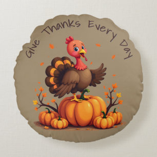 Cute Thanksgiving Turkey Autumn Pumpkins Scene Round Cushion