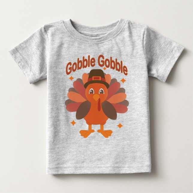 Cute Thanksgiving Turkey Cartoon – “Gobble Gobble” Baby T-Shirt (Front)