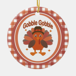 Cute Thanksgiving Turkey Cartoon – “Gobble Gobble” Ceramic Ornament