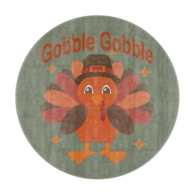 Cute Thanksgiving Turkey Cartoon – “Gobble Gobble” Cutting Board (Front)