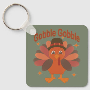 Cute Thanksgiving Turkey Cartoon – “Gobble Gobble” Key Ring