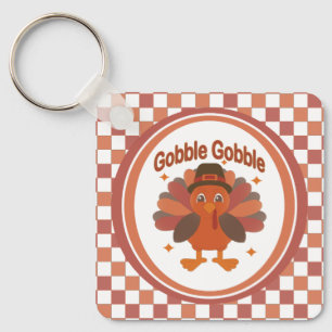 Cute Thanksgiving Turkey Cartoon – “Gobble Gobble” Key Ring