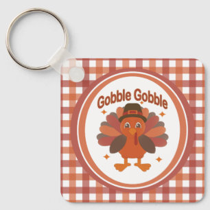 Cute Thanksgiving Turkey Cartoon – “Gobble Gobble” Key Ring