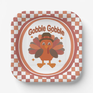 Cute Thanksgiving Turkey Cartoon – “Gobble Gobble” Paper Plate