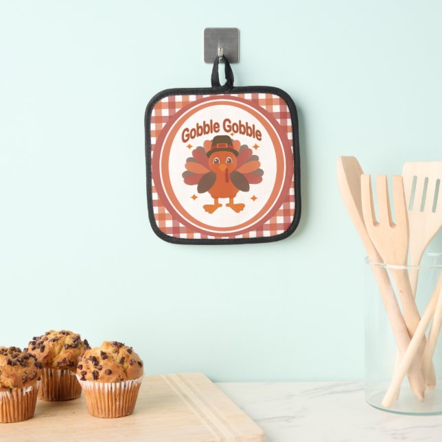 Cute Thanksgiving Turkey Cartoon – “Gobble Gobble” Pot Holder (Insitu(Hanging))