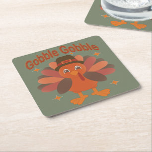 Cute Thanksgiving Turkey Cartoon – “Gobble Gobble” Square Paper Coaster
