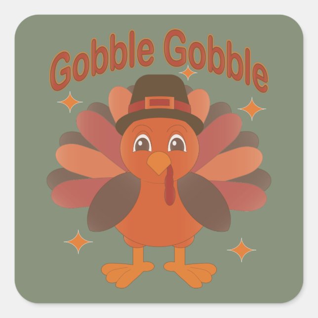 Cute Thanksgiving Turkey Cartoon – “Gobble Gobble” Square Sticker (Front)