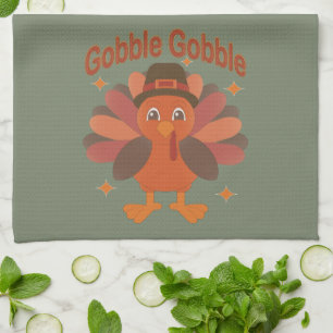 Cute Thanksgiving Turkey Cartoon – “Gobble Gobble” Tea Towel