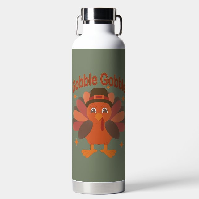 Cute Thanksgiving Turkey Cartoon – “Gobble Gobble” Water Bottle (Front)