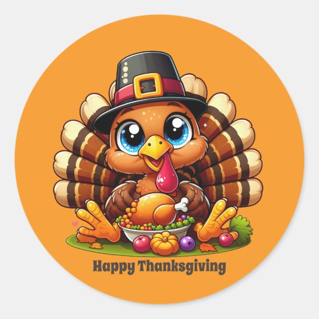 Cute Thanksgiving turkey customisable  Classic Round Sticker (Front)