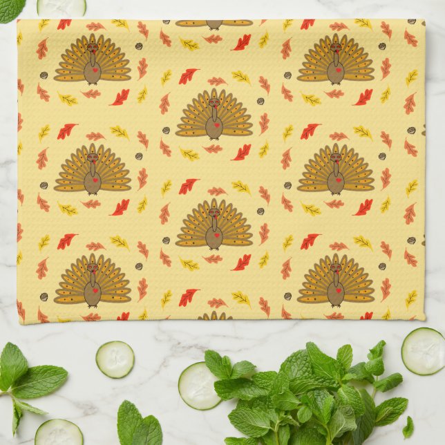 Cute Thanksgiving Turkey Fall Leaves Pattern Throw Tea Towel (Folded)