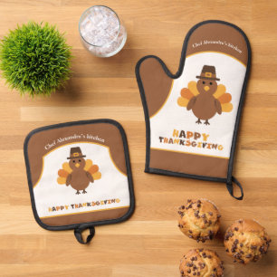 Cute Thanksgiving Turkey Holiday Cooking Gift Oven Mitt & Pot Holder Set