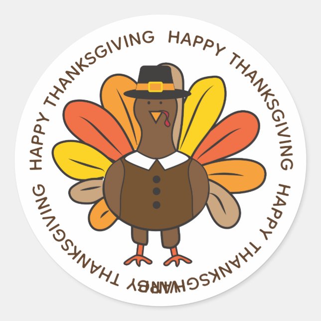 Cute Thanksgiving Turkey Pilgrim Classic Round Sticker (Front)