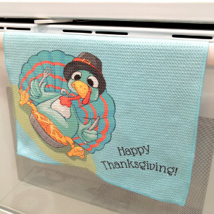 Cute Thanksgiving Turkey Pilgrim Pumpkin Pie Aqua Tea Towel