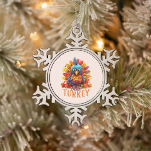 Cute Thanksgiving Turkey Snowflake Pewter Christmas Ornament