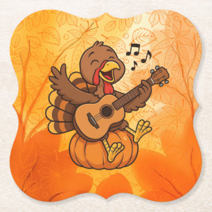 Cute Thanksgiving turkey with guitar Paper Coaster