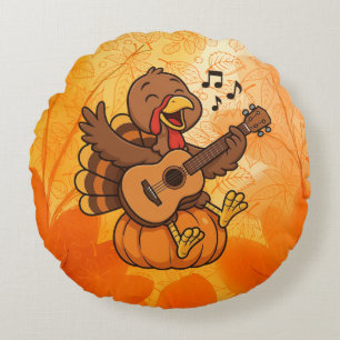 Cute Thanksgiving turkey with guitar Round Cushion