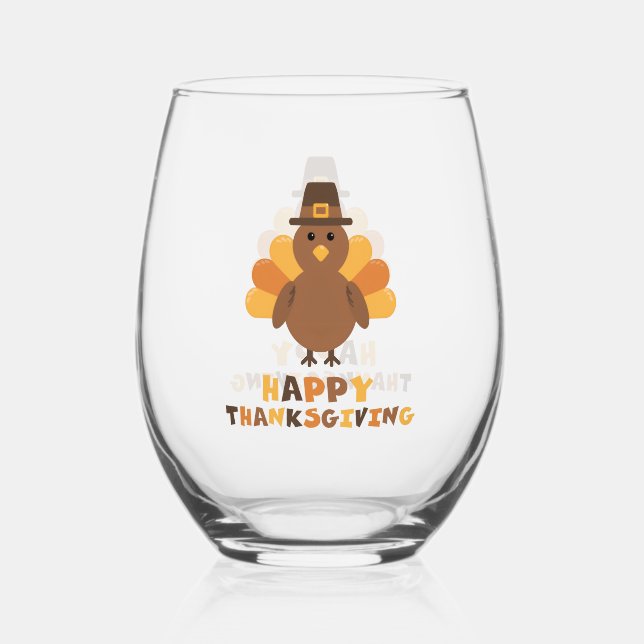 Cute Thanksgiving Turkey yellow Stemless Wine Glass (Back)