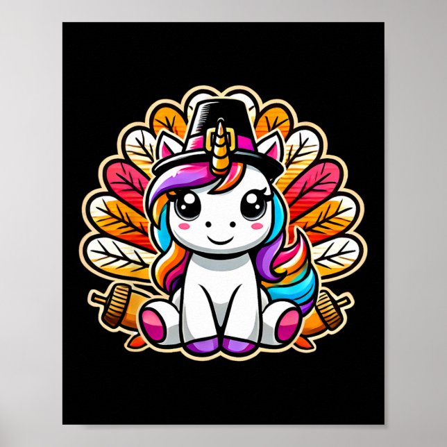 Cute Thanksgiving Unicorn Pilgrim Hat Turkey Girls Poster (Front)