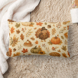 Cute Thanksgiving Watercolor Pattern with Turkeys Lumbar Cushion