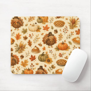 Cute Thanksgiving Watercolor Pattern with Turkeys Mouse Pad