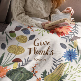 Cute Thanksgiving woman floral mushroom fall Fleece Blanket
