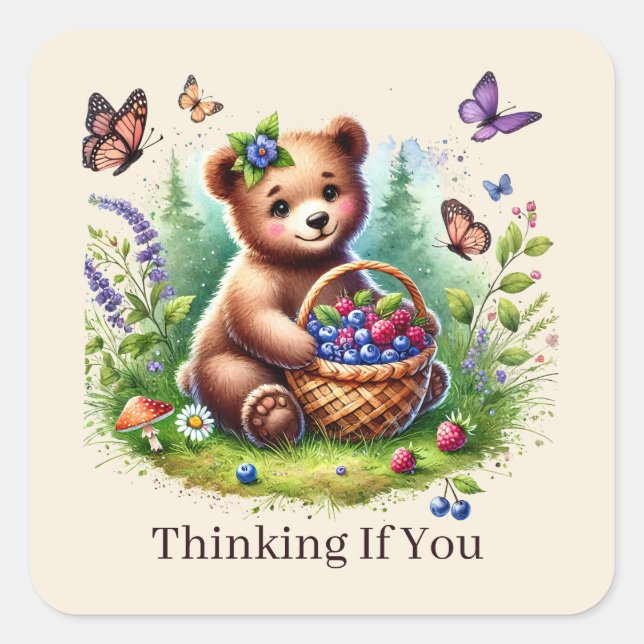 cute thinking of you bear customisable square sticker (Front)