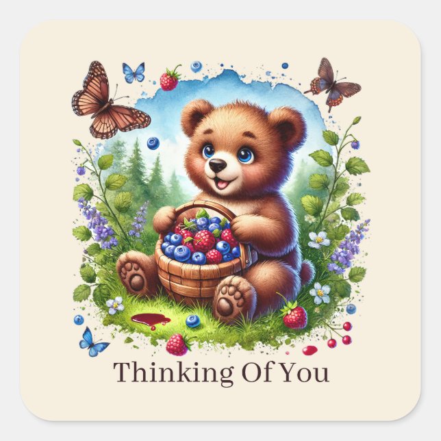 cute thinking of you bear customisable  square sticker (Front)