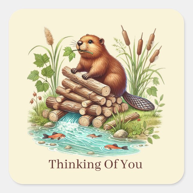 cute thinking of you customisable beaver square sticker (Front)