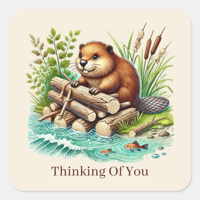 cute thinking of you customisable beaver square sticker (Front)