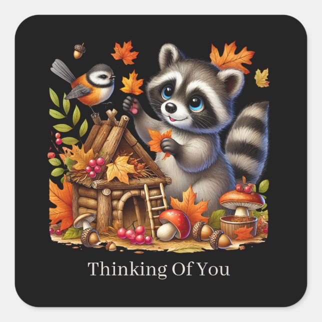 cute thinking of you customisable racoon Fall Square Sticker (Front)