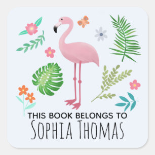 Cute 'This Book Belongs' Flamingo Kids Bookplate Square Sticker