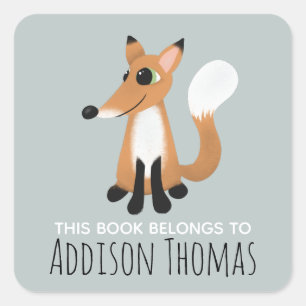 Cute 'This Book Belongs' Fox Kids Bookplate Square Sticker