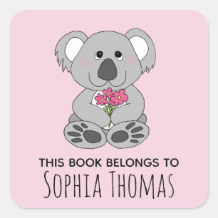 Cute 'This Book Belongs' Koala Name Kids Bookplate Square Sticker